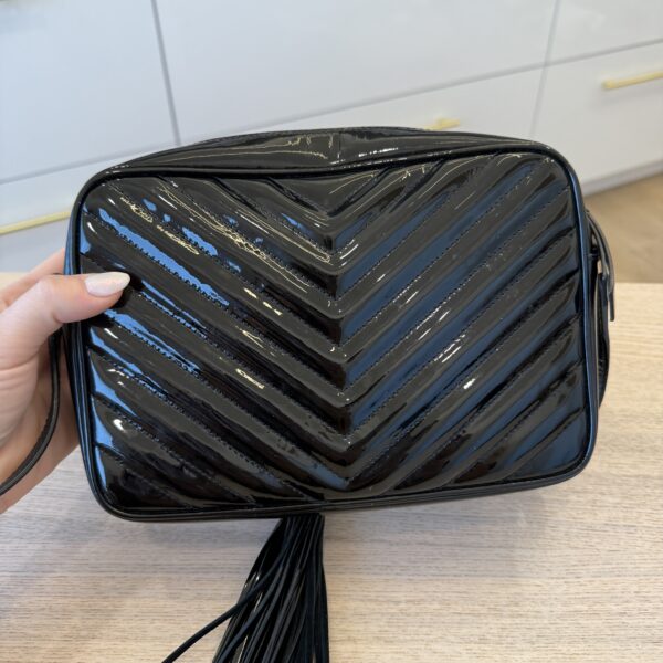 Saint Laurent (YSL) Patent Calfskin Matelasse Monogram Lou Camera Bag Black