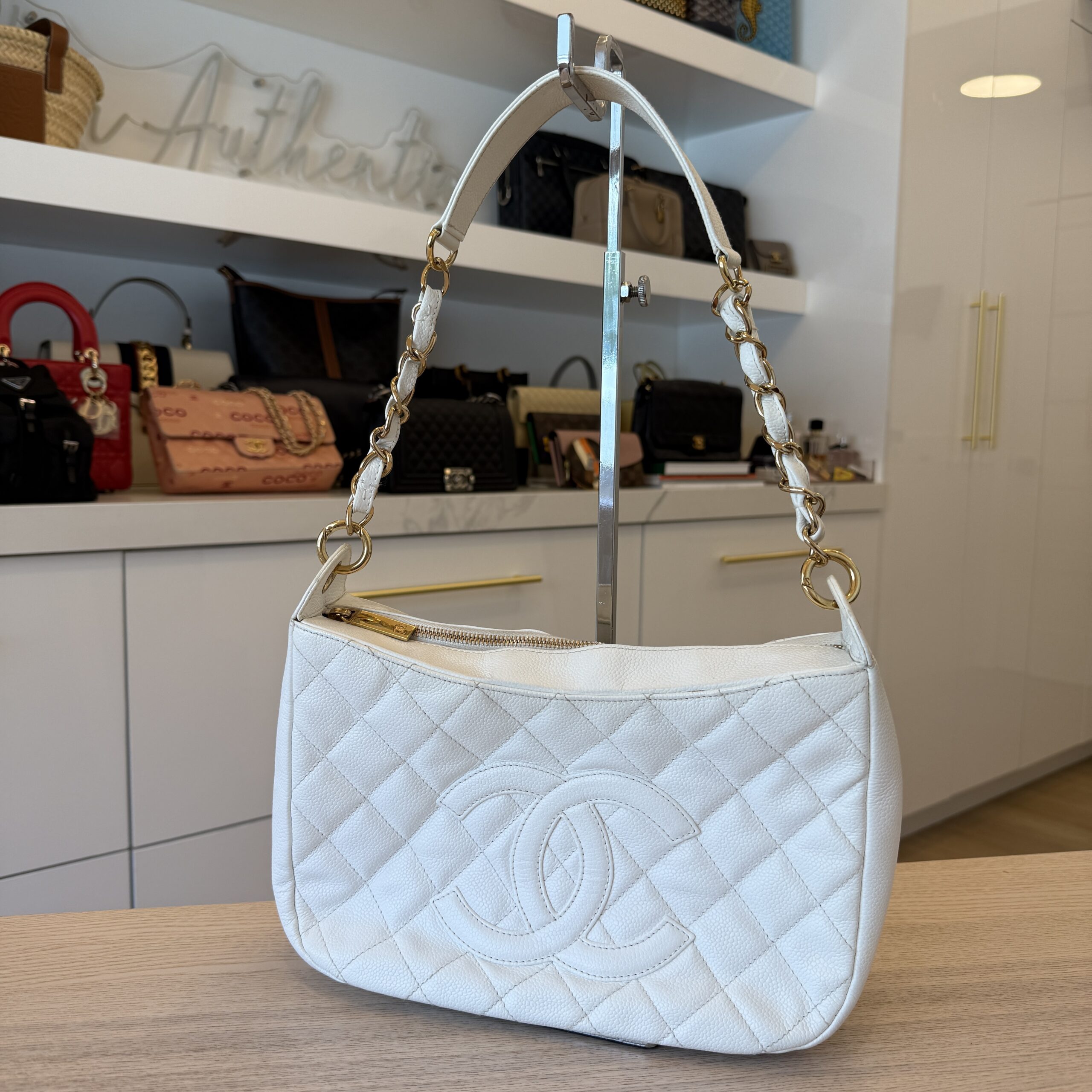 Chanel Vintage Timeless Caviar Shoulder Bag White GHW