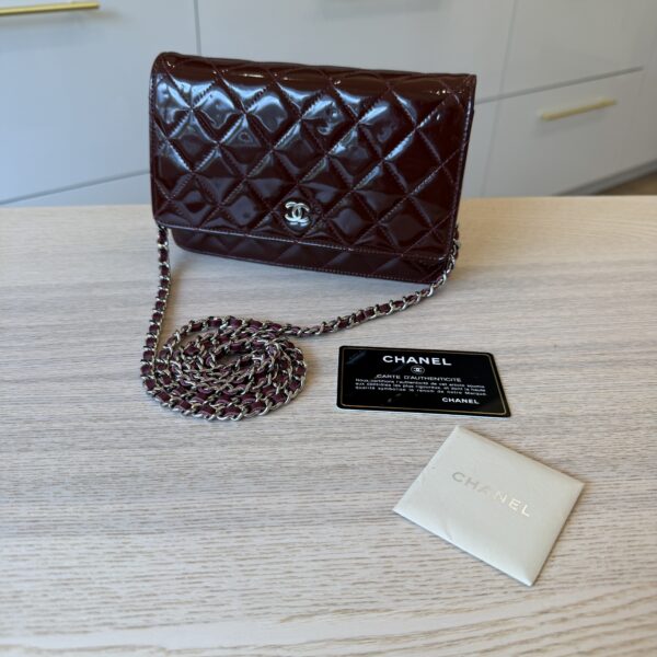 Chanel Patent Quilted Wallet on Chain WOC Burgundy Silver Hardware