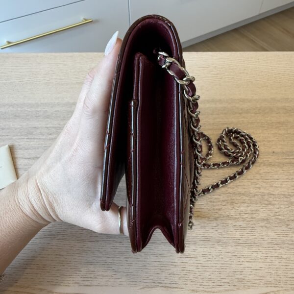 Chanel Patent Quilted Wallet on Chain WOC Burgundy Silver Hardware