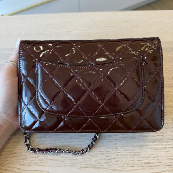 Chanel Patent Quilted Wallet on Chain WOC Burgundy Silver Hardware