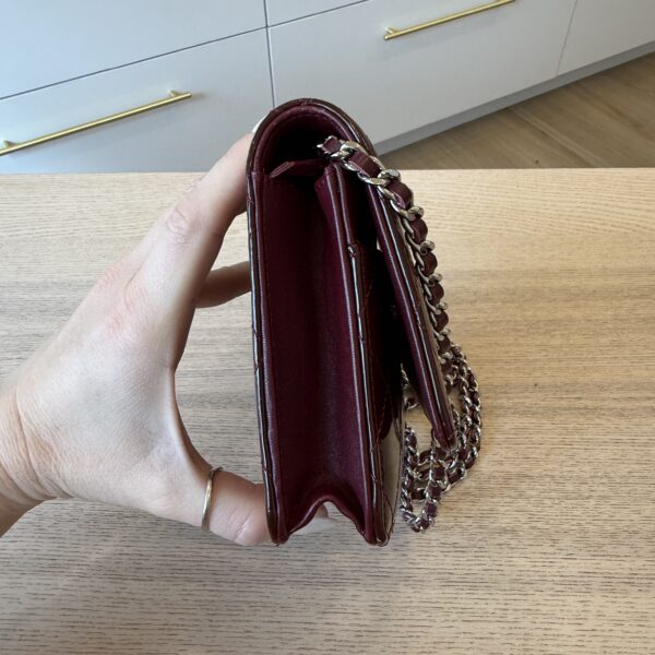 Chanel Patent Quilted Wallet on Chain WOC Burgundy Silver Hardware