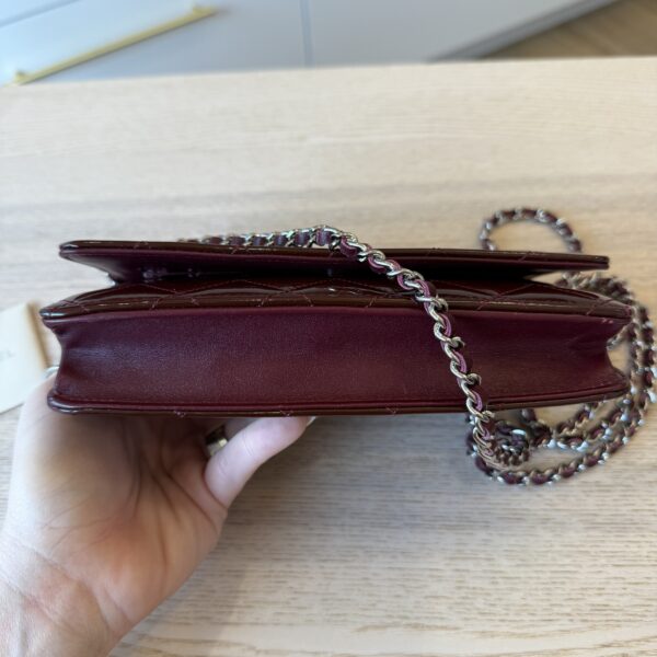 Chanel Patent Quilted Wallet on Chain WOC Burgundy Silver Hardware