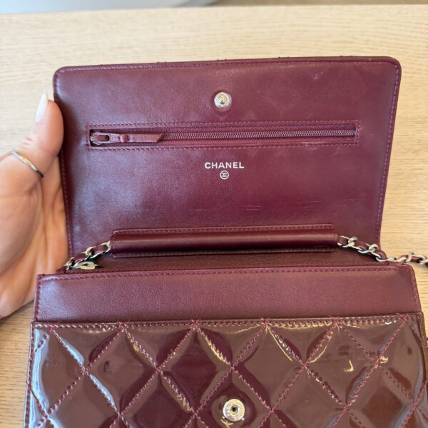 Chanel Patent Quilted Wallet on Chain WOC Burgundy Silver Hardware