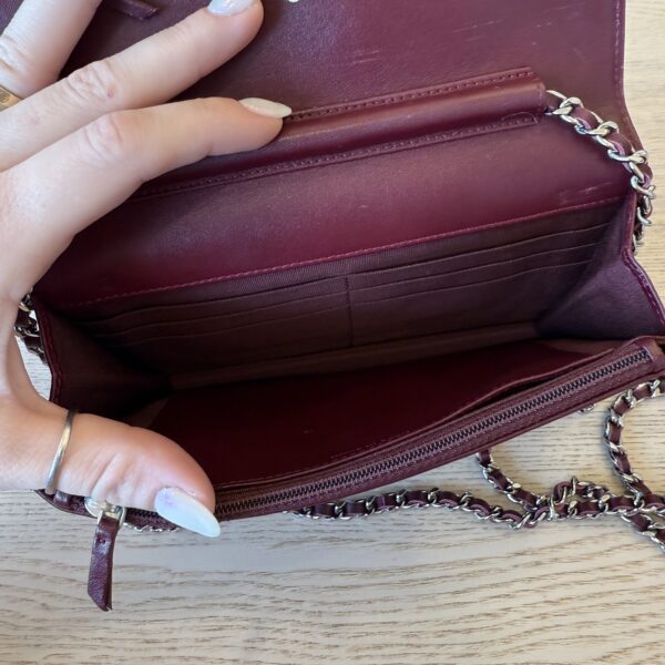 Chanel Patent Quilted Wallet on Chain WOC Burgundy Silver Hardware