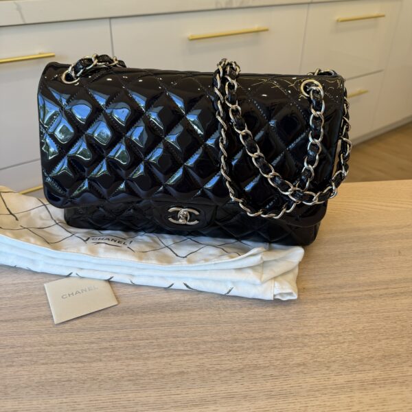 Chanel Patent Quilted Jumbo Double Flap Navy