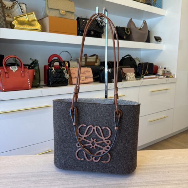 LOEWE Felt Calfskin Small Anagram Square Basket Tote Brown Tan