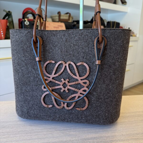 LOEWE Felt Calfskin Small Anagram Square Basket Tote Brown Tan