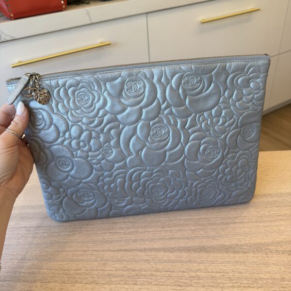 Chanel Silver Metallic Camellia Embossed Leather O-Case Zip Large Pouch