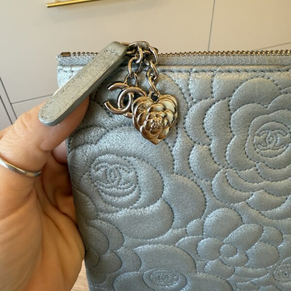 Chanel Silver Metallic Camellia Embossed Leather O-Case Zip Large Pouch