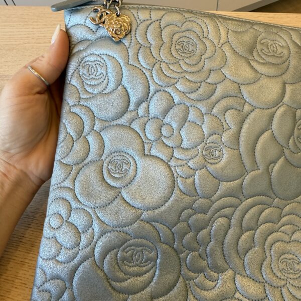 Chanel Silver Metallic Camellia Embossed Leather O-Case Zip Large Pouch