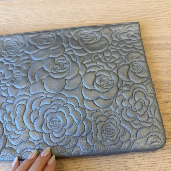 Chanel Silver Metallic Camellia Embossed Leather O-Case Zip Large Pouch