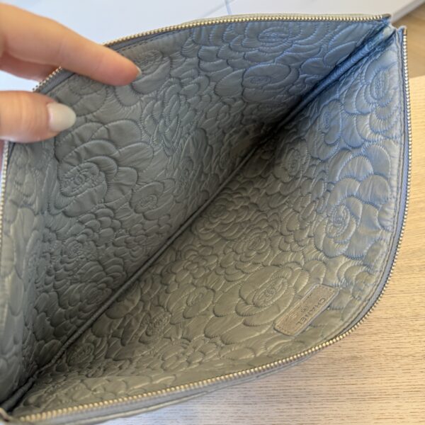 Chanel Silver Metallic Camellia Embossed Leather O-Case Zip Large Pouch