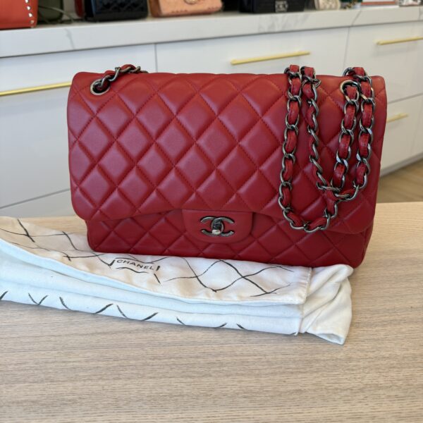 Chanel Lambskin Quilted Jumbo Double Flap Red Gunmetal Hardware