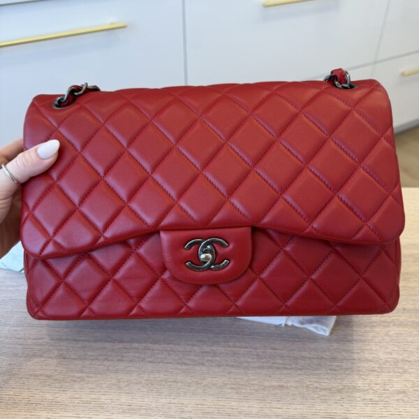 Chanel Lambskin Quilted Jumbo Double Flap Red Gunmetal Hardware