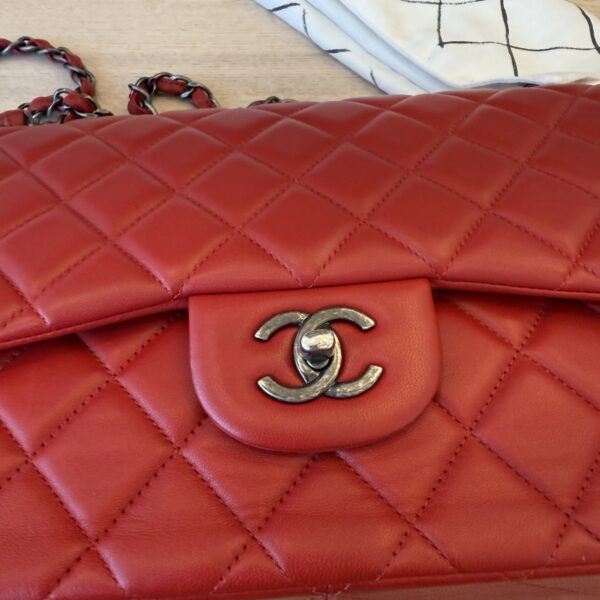 Chanel Lambskin Quilted Jumbo Double Flap Red Gunmetal Hardware