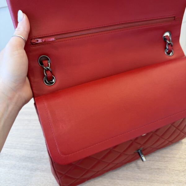 Chanel Lambskin Quilted Jumbo Double Flap Red Gunmetal Hardware