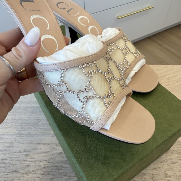 Gucci Demi Rhinestone Mesh Mule Sandals In Light Powder Size 37