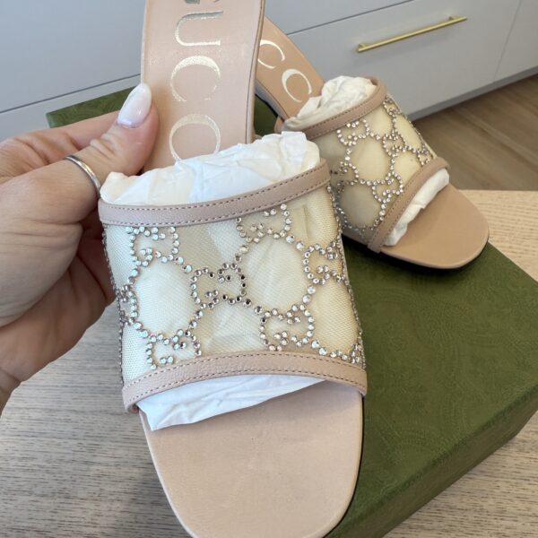 Gucci Demi Rhinestone Mesh Mule Sandals In Light Powder Size 37