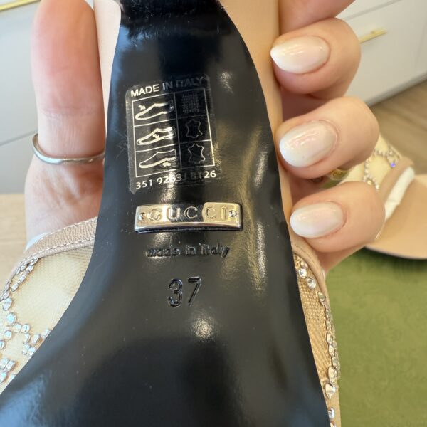 Gucci Demi Rhinestone Mesh Mule Sandals In Light Powder Size 37