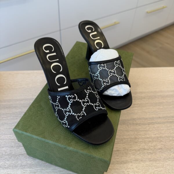 Gucci Demi Rhinestone Mesh Mule Sandals In Black Size 37