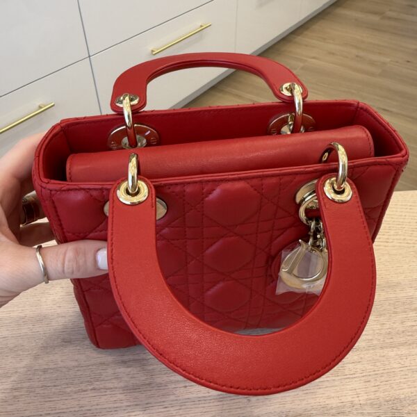 Christian Dior Lambskin Cannage Small Lady Dior Dark Red Gold Hardware Lucky Badges Strap