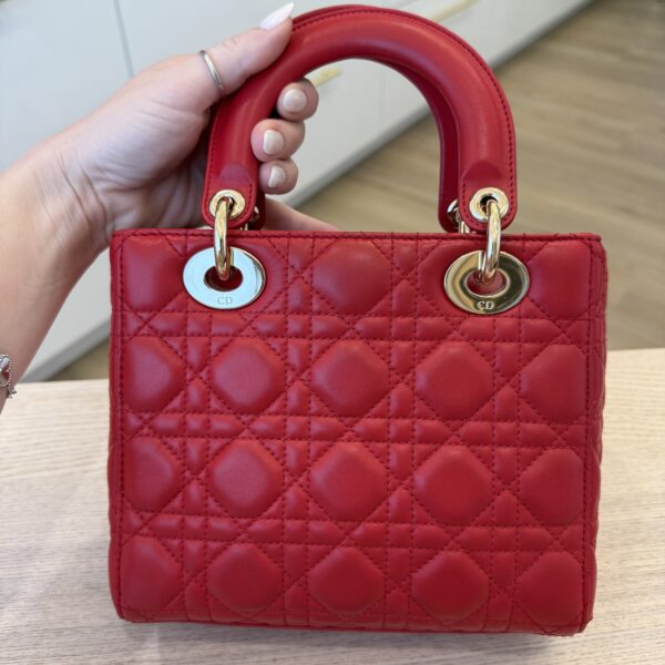 Christian Dior Lambskin Cannage Small Lady Dior Dark Red Gold Hardware Lucky Badges Strap