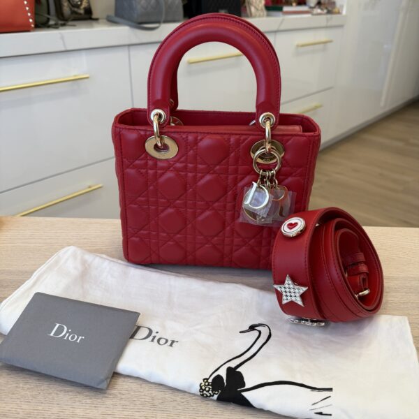 Christian Dior Lambskin Cannage Small Lady Dior Dark Red Gold Hardware Lucky Badges Strap