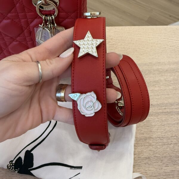 Christian Dior Lambskin Cannage Small Lady Dior Dark Red Gold Hardware Lucky Badges Strap
