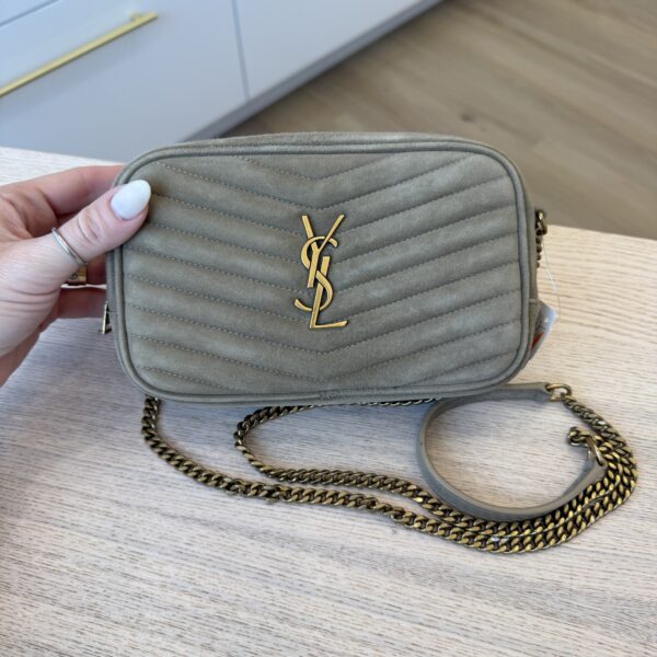 Saint Laurent (YSL) Lou Mini Ysl Camera Bag In Quilted Suede In Matt Gold