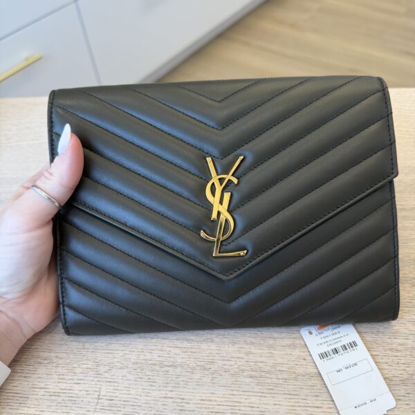 Saint Laurent YSL Monogram Flap Clutch Bag in Smooth Leather Light Musk
