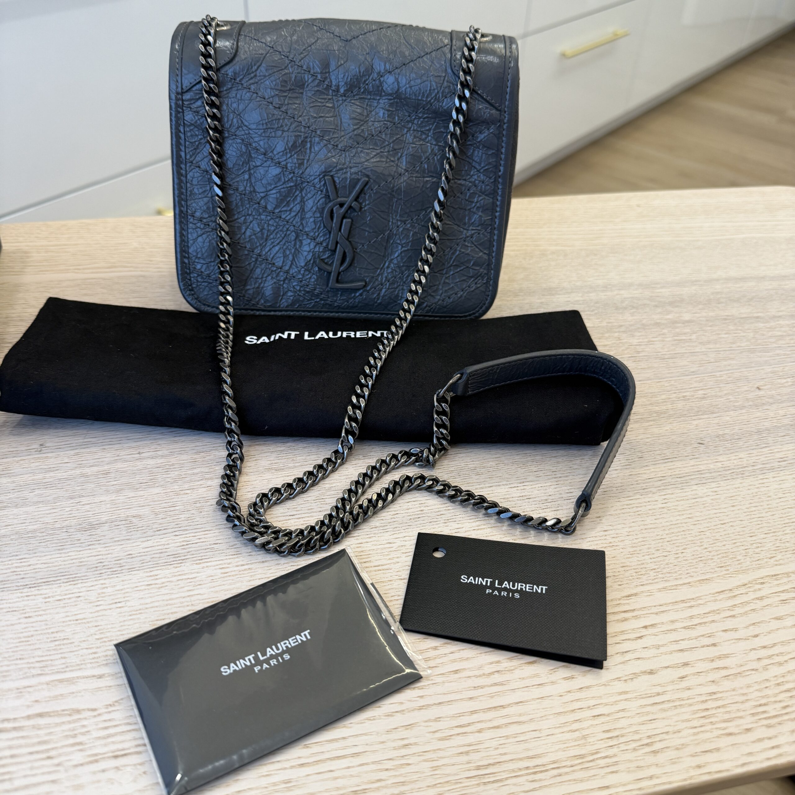 Saint Laurent (YSL) Crinkled Calfskin Matelasse Monogram Niki Chain Wallet Storm