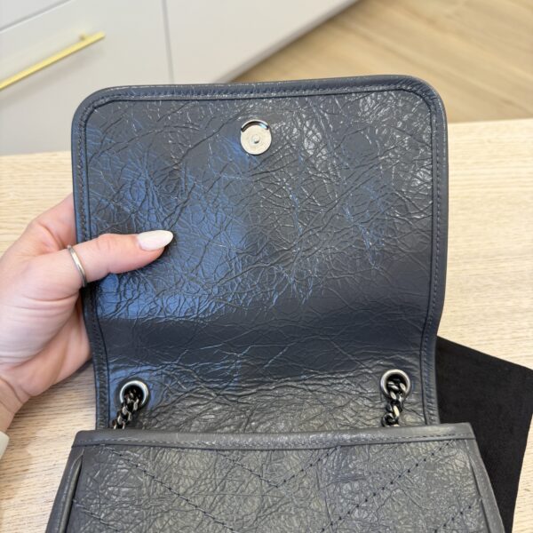 Saint Laurent (YSL) Crinkled Calfskin Matelasse Monogram Niki Chain Wallet Storm