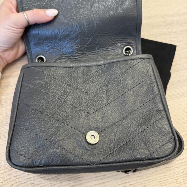 Saint Laurent (YSL) Crinkled Calfskin Matelasse Monogram Niki Chain Wallet Storm