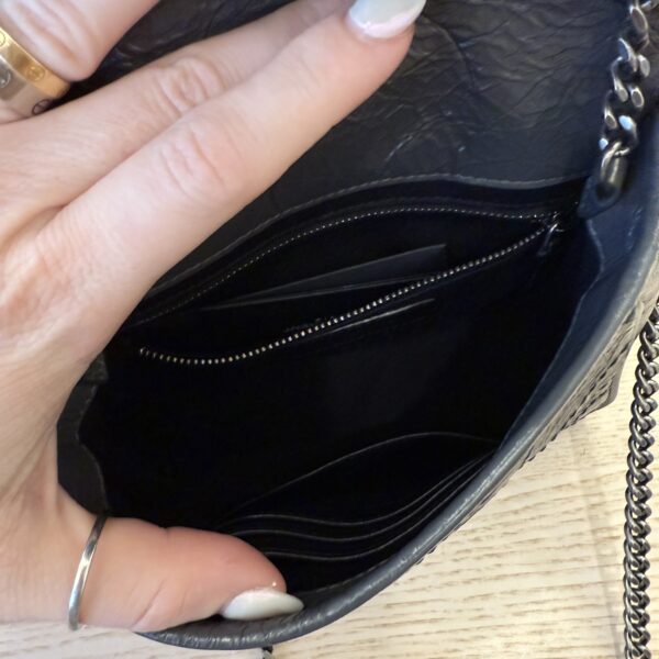 Saint Laurent (YSL) Crinkled Calfskin Matelasse Monogram Niki Chain Wallet Storm