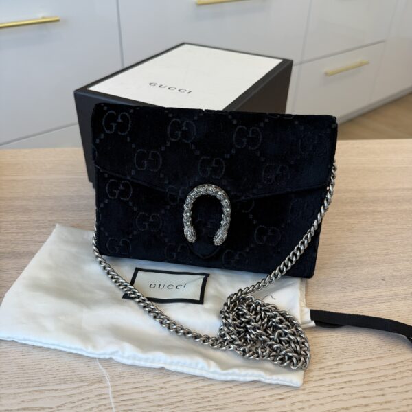 Gucci Velvet Crystal GG Monogram Mini Dionysus Chain Wallet Blue Black