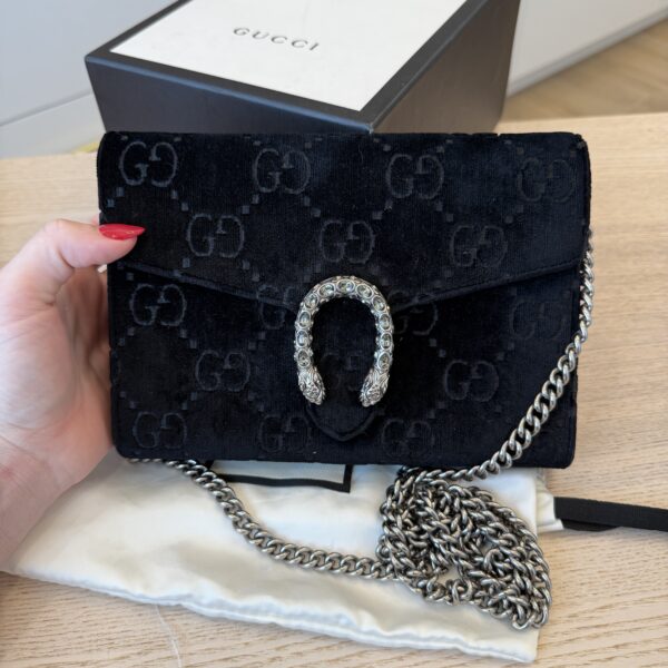 Gucci Velvet Crystal GG Monogram Mini Dionysus Chain Wallet Blue Black