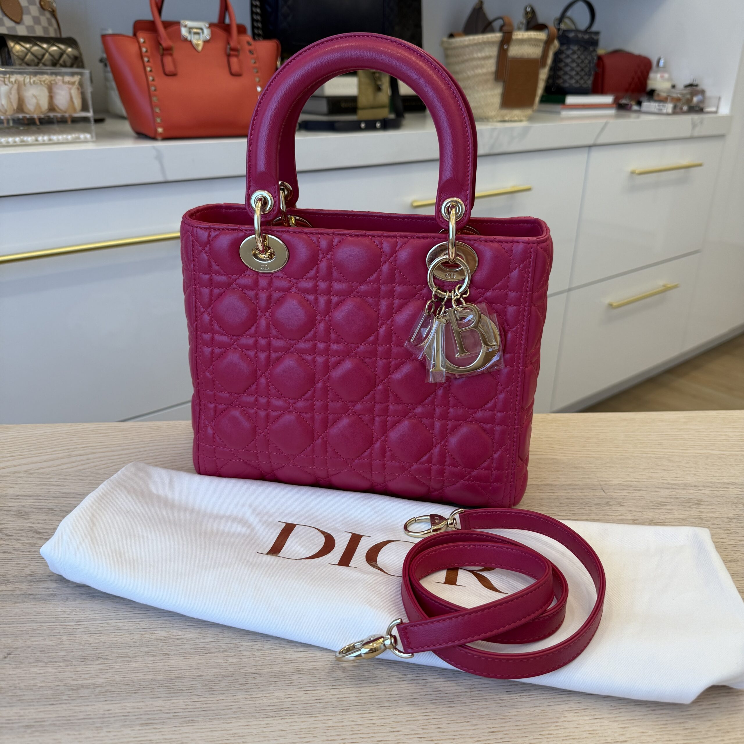 Christian Dior Lambskin Cannage Medium Lady Dior Gold Hardware Pink