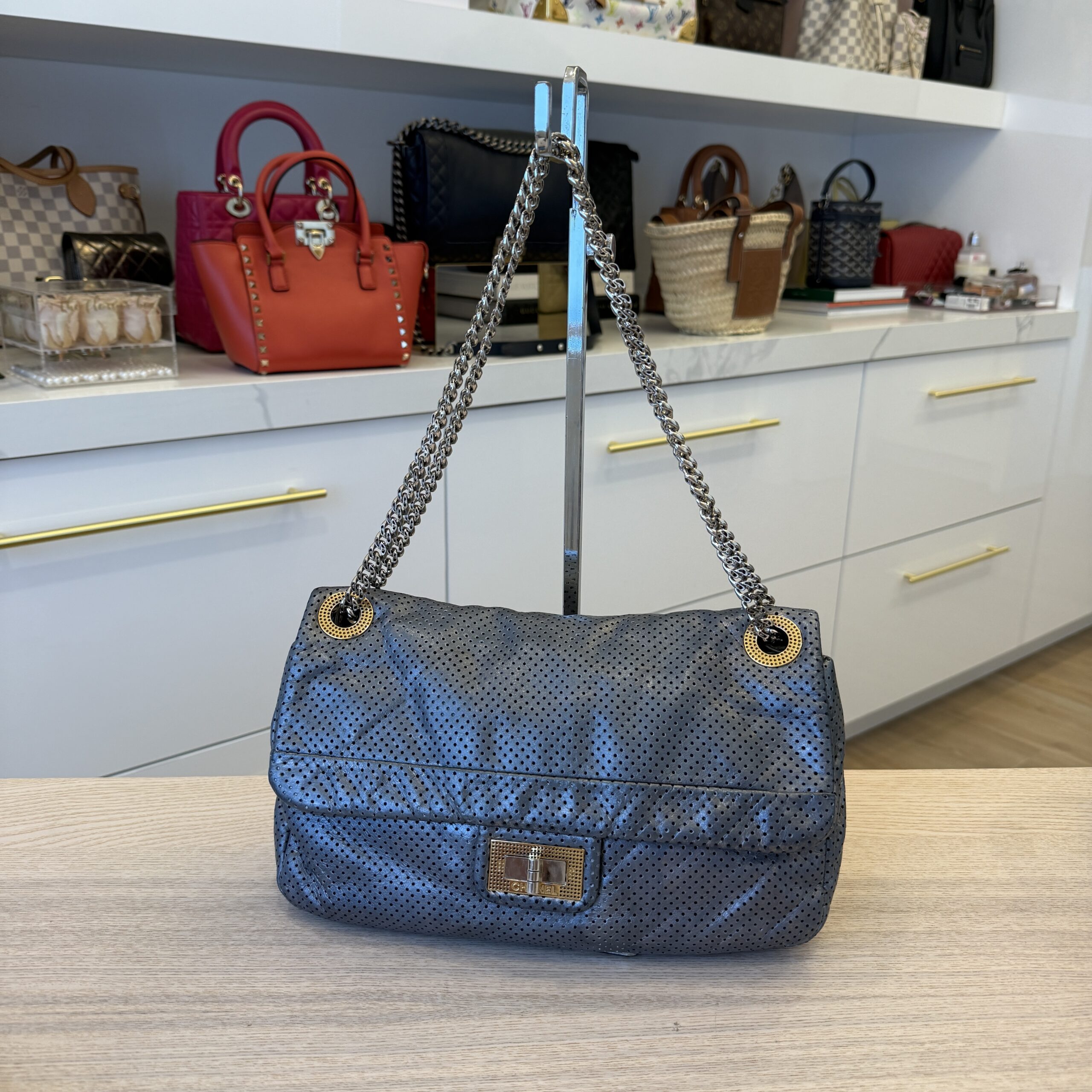 Chanel Metallic Crackled Calfskin Perforated Drill Flap Silver