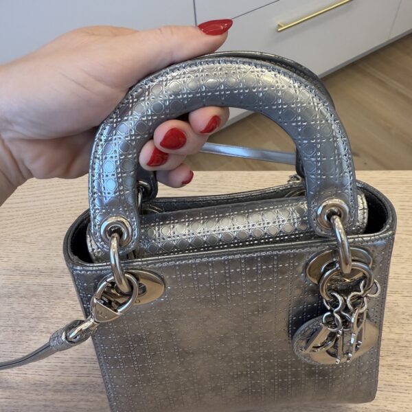 Christian Dior Metallic Patent Micro-Cannage Mini Lady Dior Silver