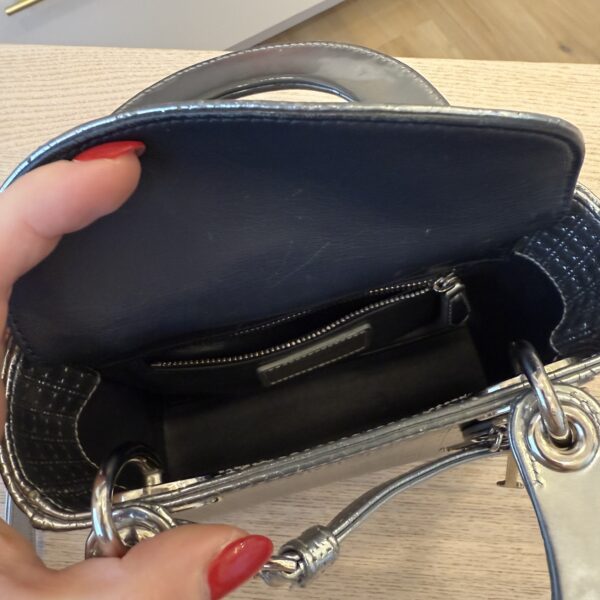 Christian Dior Metallic Patent Micro-Cannage Mini Lady Dior Silver