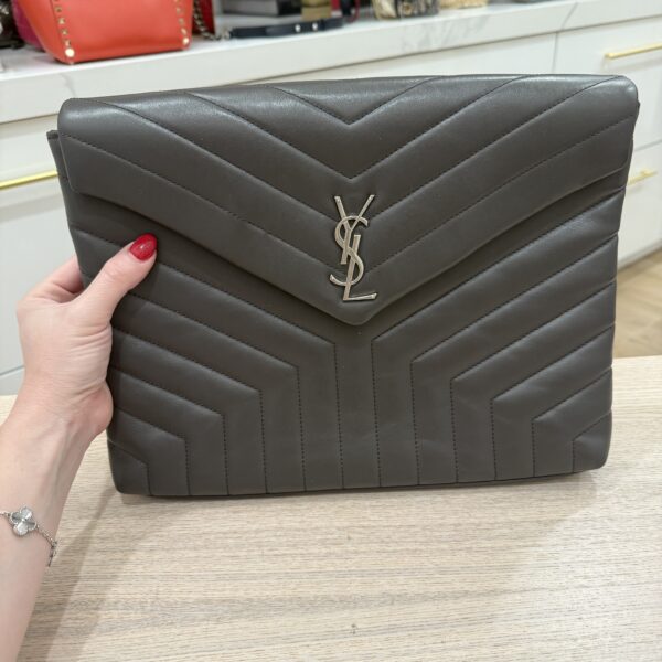 Saint Laurent Calfskin Y Quilted Monogram Loulou Document Holder Dark Grey SHW