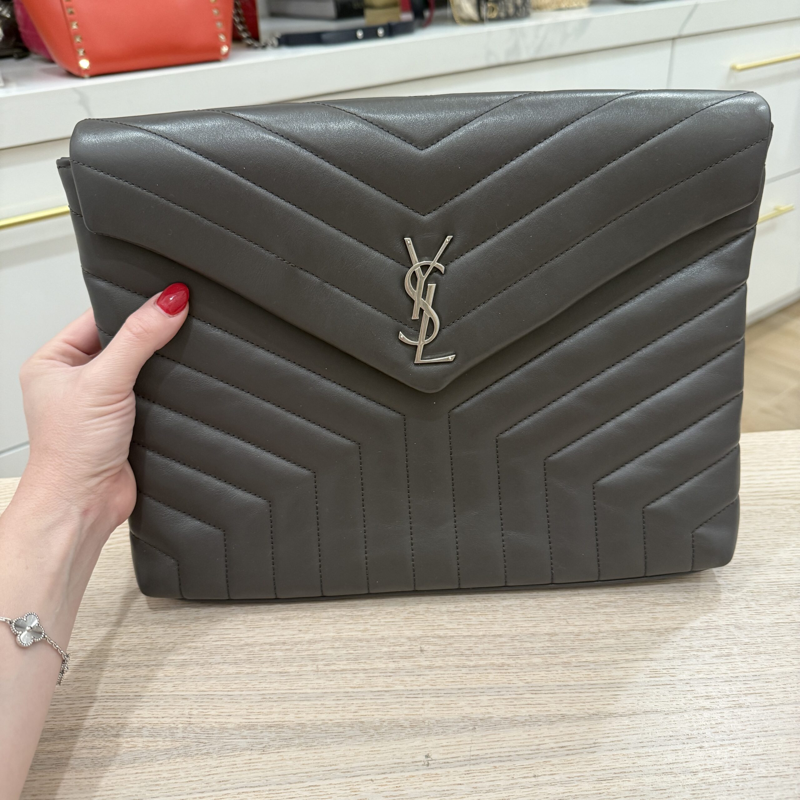 Saint Laurent Calfskin Y Quilted Monogram Loulou Document Holder Dark Grey SHW