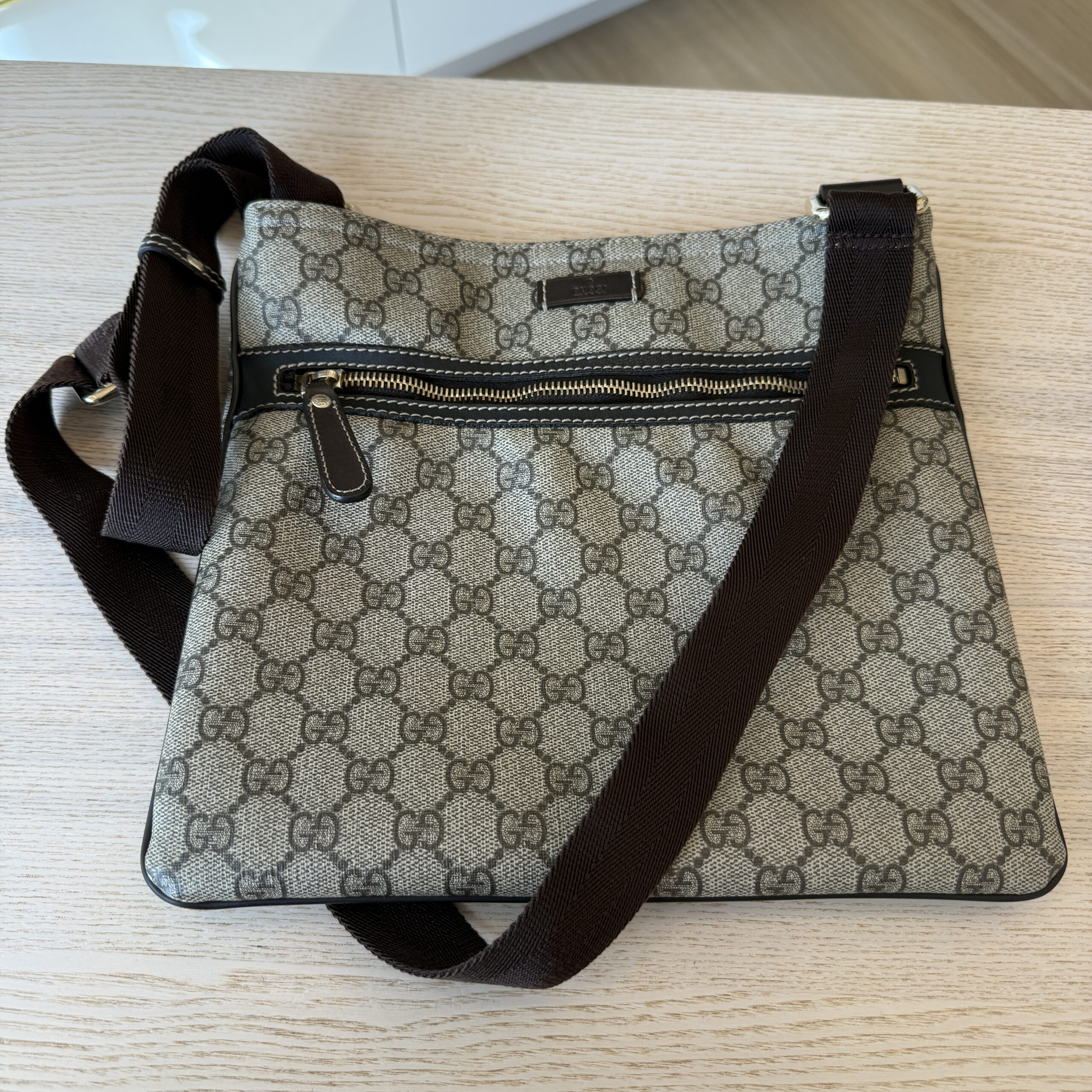 Gucci Front Zip Flat Messenger Bag GG Coated Canvas Medium