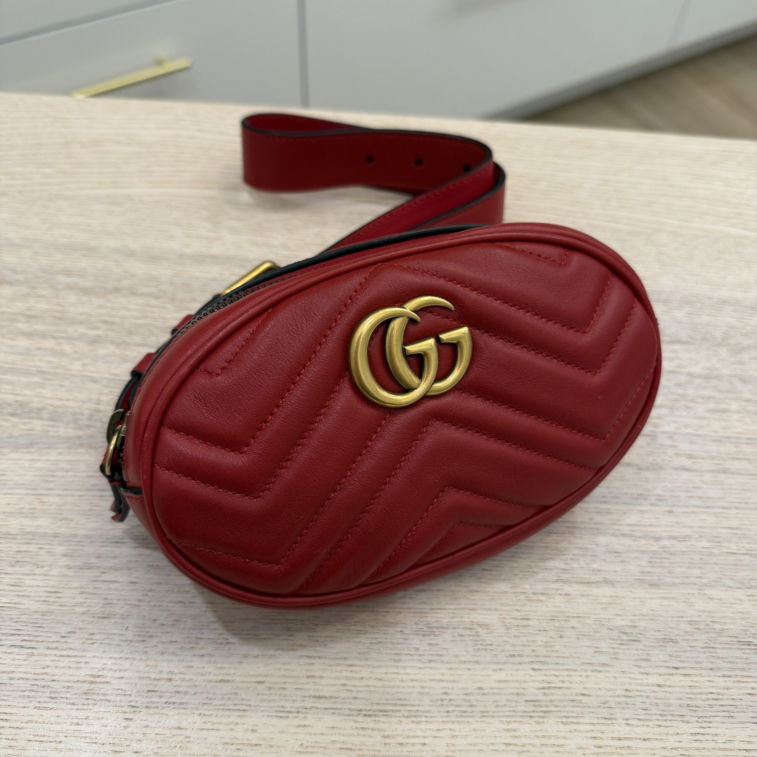 Gucci Calfskin Matelasse GG Marmont Belt Bag 95 38 Red