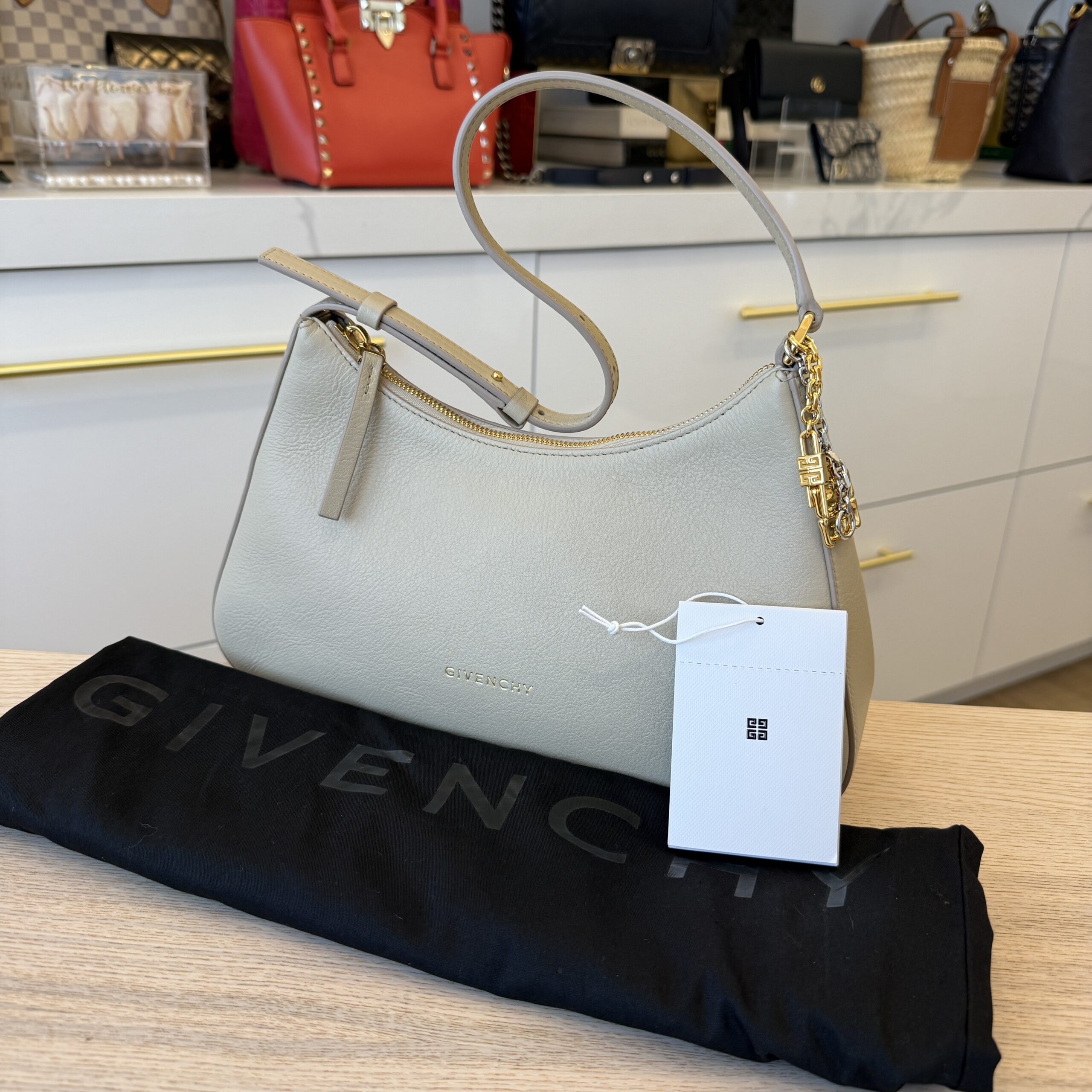 Givenchy Lucky Lock Small Embellished Textured-Leather Shoulder Bag in Natural Beige