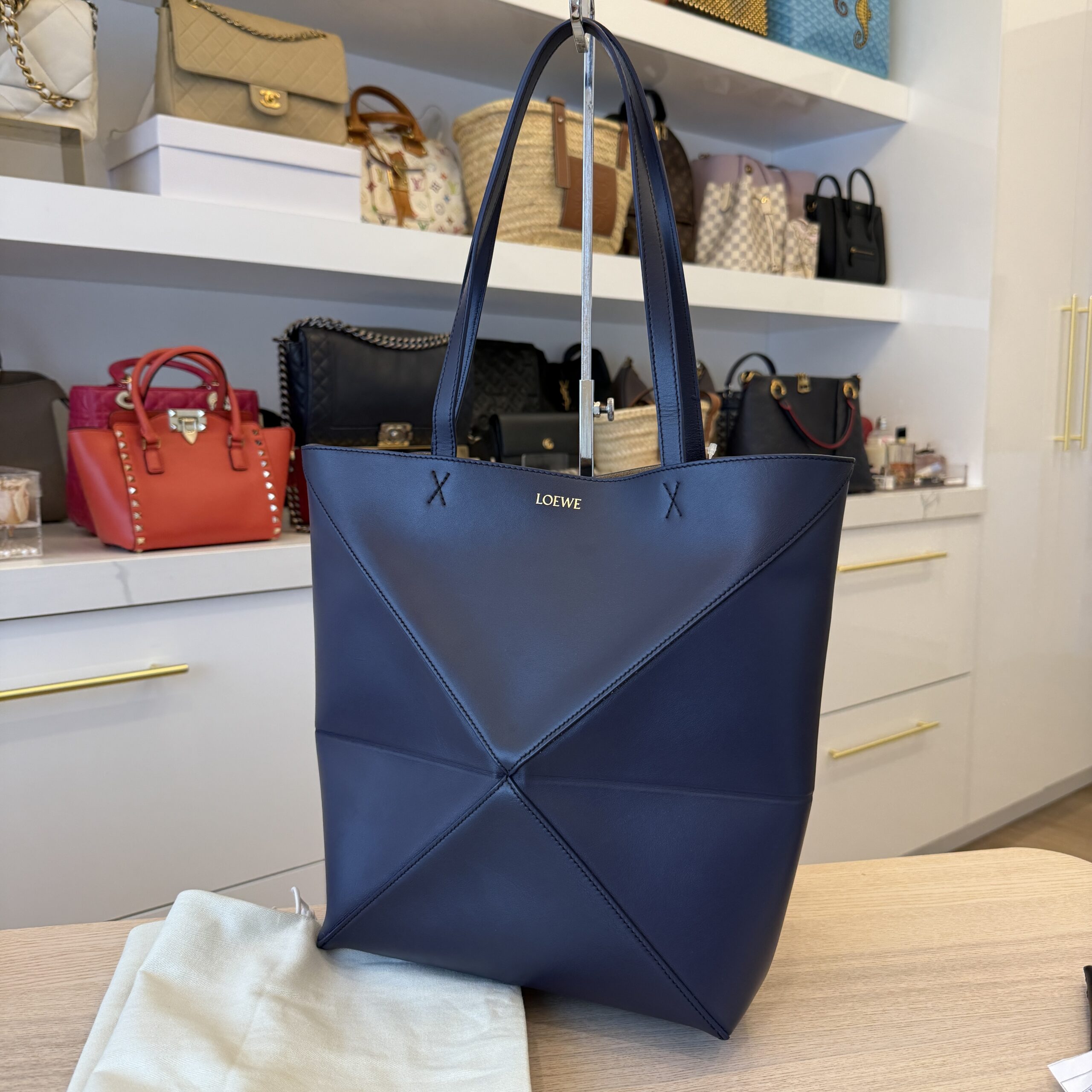 Loewe Medium Puzzle Fold Tote in Shiny Calfskin Navy