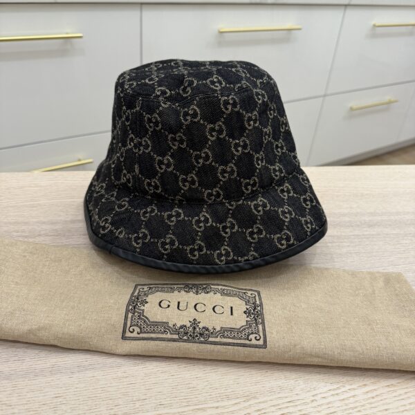 Gucci Black Denim Leather Trim Large Bucket Hat