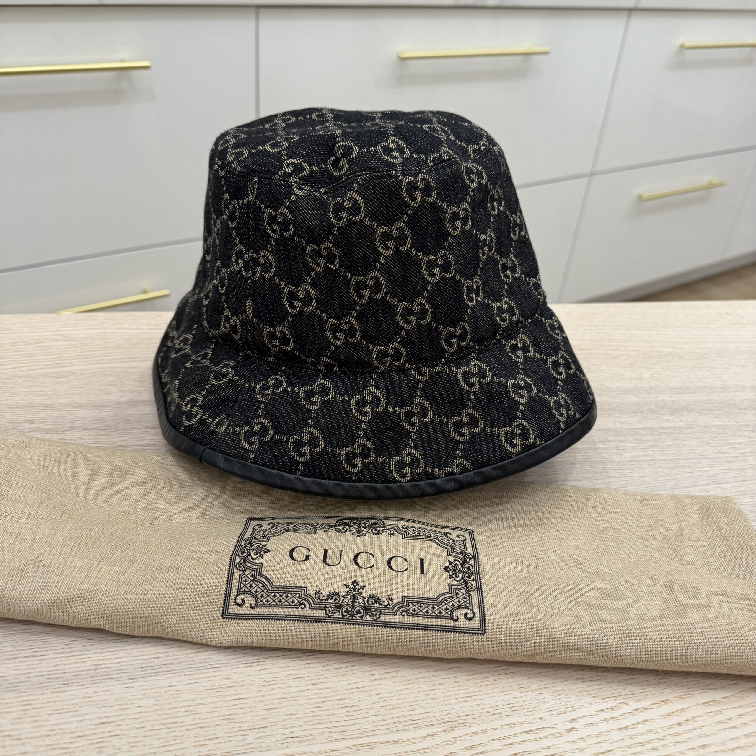 Gucci Black Denim Leather Trim Large Bucket Hat