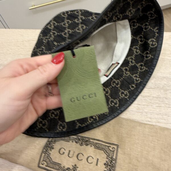 Gucci Black Denim Leather Trim Large Bucket Hat